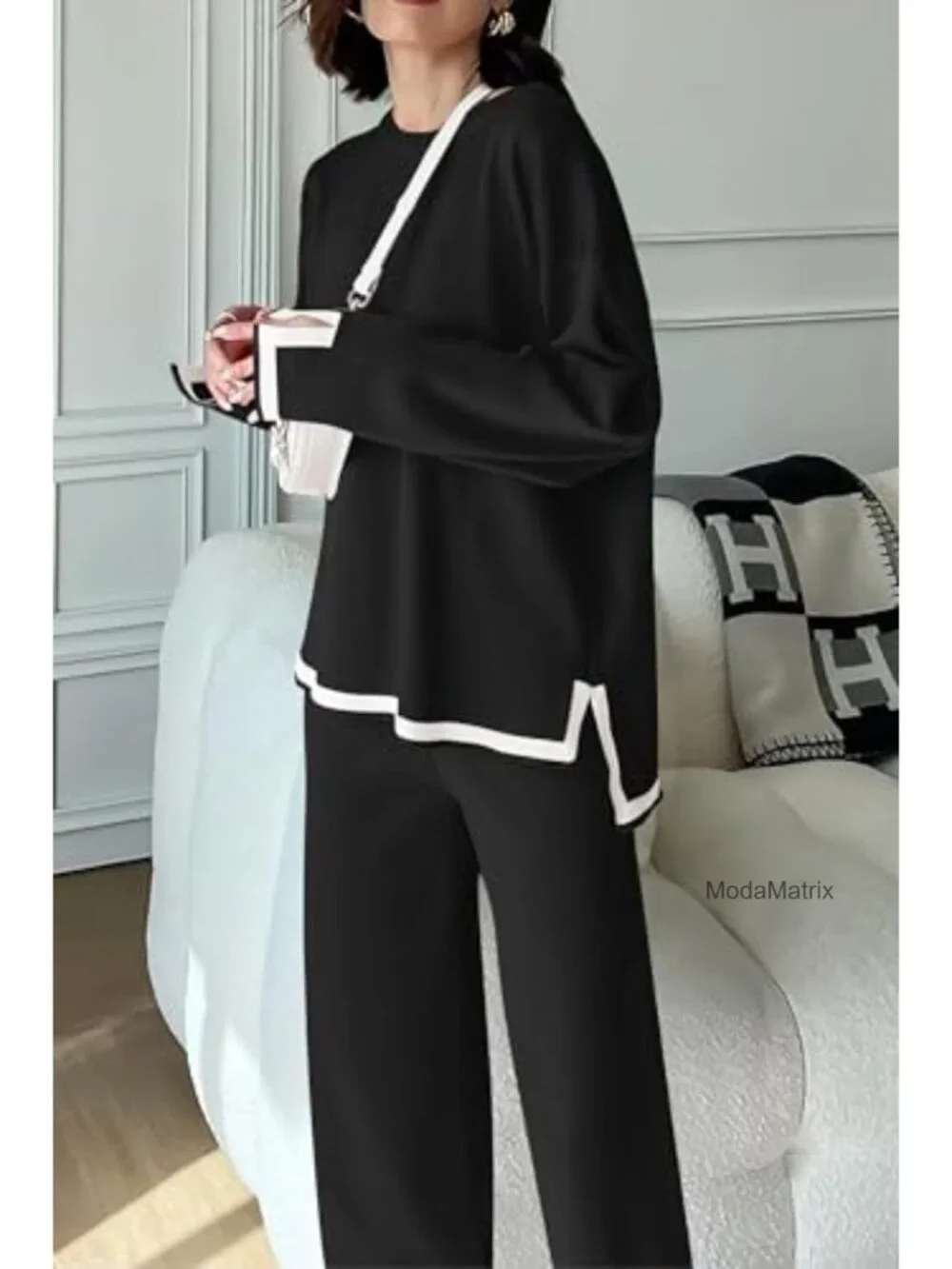 Women's 2 Piece Knit Sweater Set Long Sleeve Pullover High Waist Wide Leg Pants